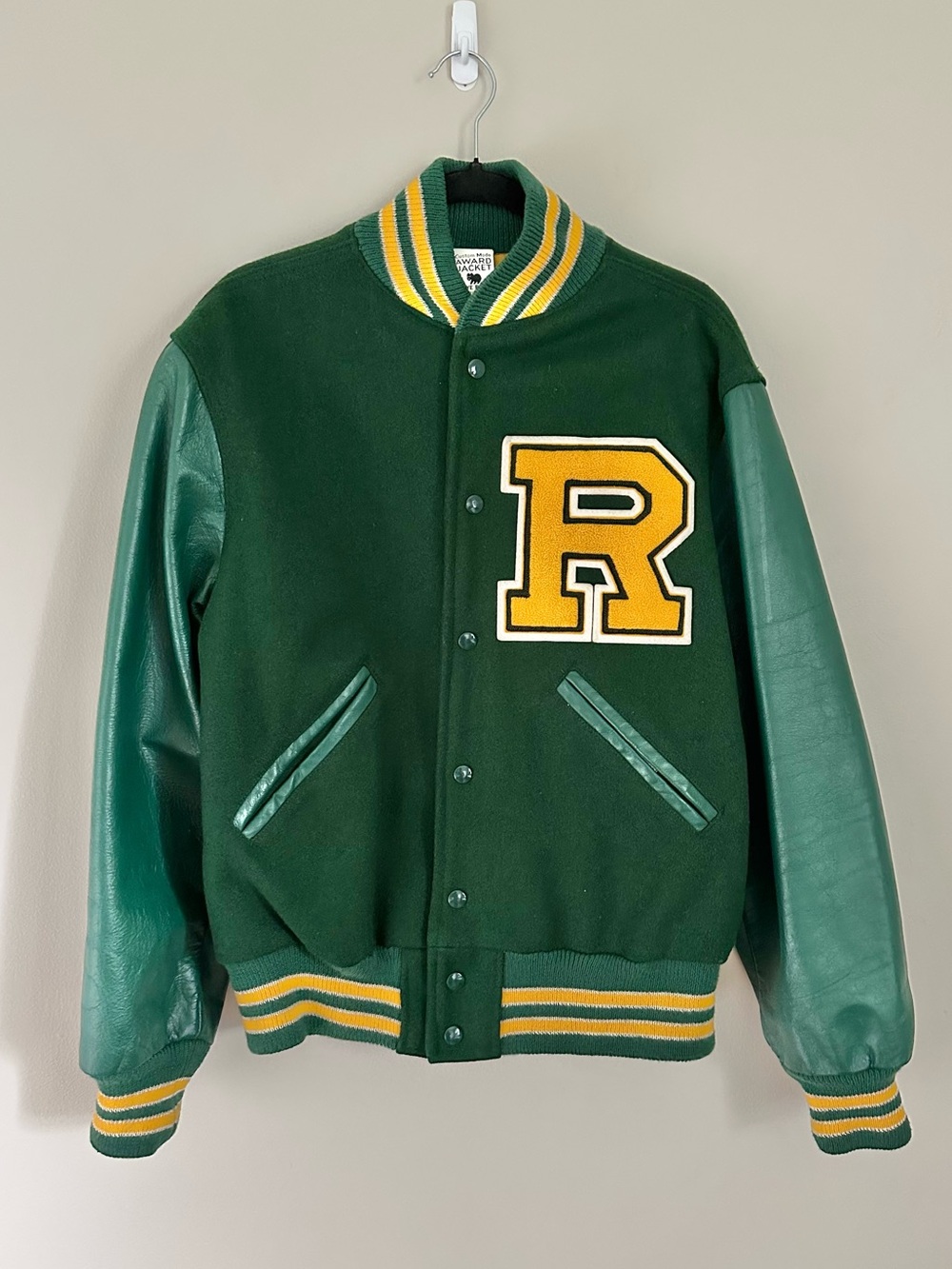Vintage Kaye Bros Letterman Jacket Wool Leather Varsity Jacket M/L Green Yellow